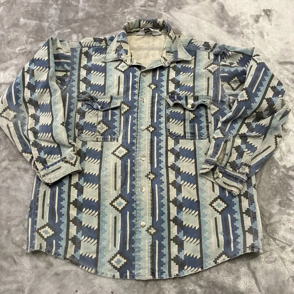 Vintage‎ The Sportsmans Guide Shirt Mens Medium M Blue Chamois Aztec Button Up